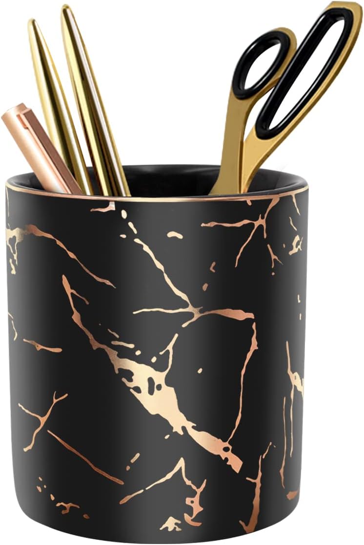 WAVEYU Pencil Cup, Pen Holder for Desk, Pen Pencil Stand Holder for Desk, Office Desk Organizer for Girls Women Kids Ceramic Glitter Marble Makeup Brush Holder, Black (Upgrade Style) - Image 1